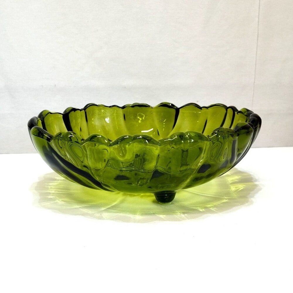 Colony Indiana Green Glass Footed Serving Bowl Sunflower Pattern Scalloped Edge